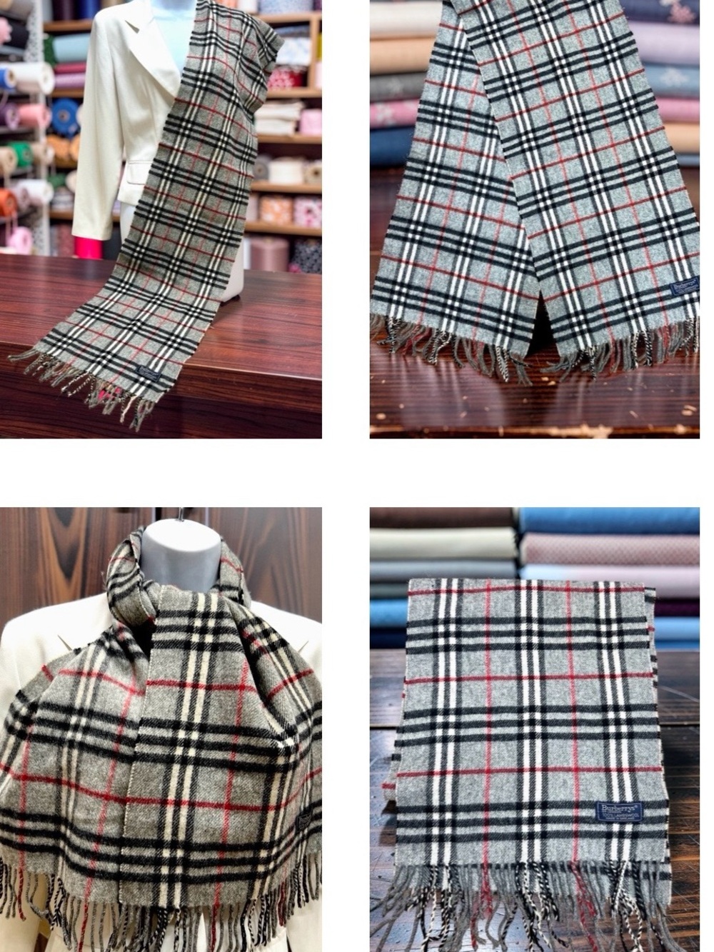 Vgt. Burberry Nova Check Wool Muffler Scarf 56"x11" Gray Black Plaid Fringe(9